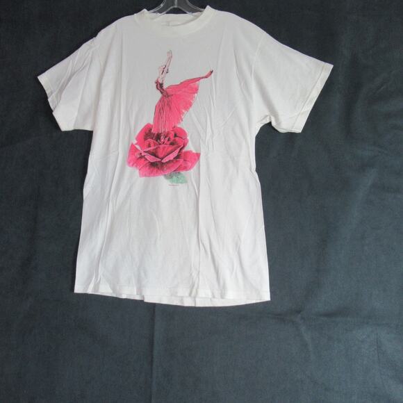 Vtg Tultex T Shirt Womens Large White Ballerina Rose Rhinestone Tee Grunge 90s - Picture 1 of 9
